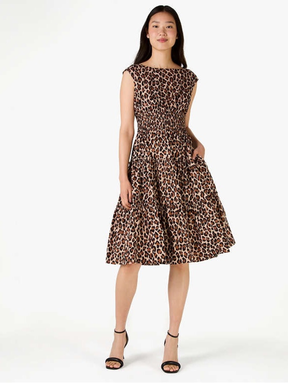 Kate Spade Spotted Leopard Blaire Midi Dress Smocked Waist Tiered Cotton Size M
